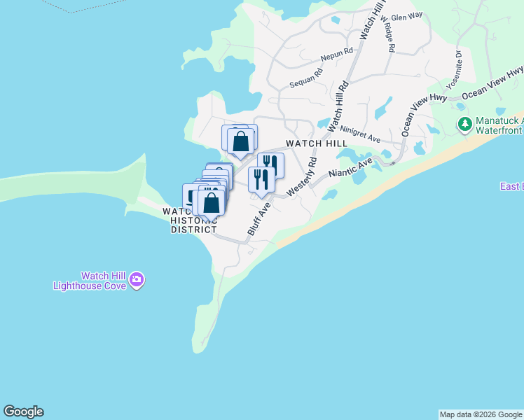 map of restaurants, bars, coffee shops, grocery stores, and more near 6 Bluff Avenue in Westerly