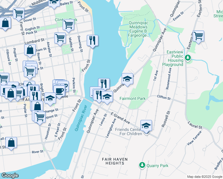 map of restaurants, bars, coffee shops, grocery stores, and more near 2 Clifton Street in New Haven