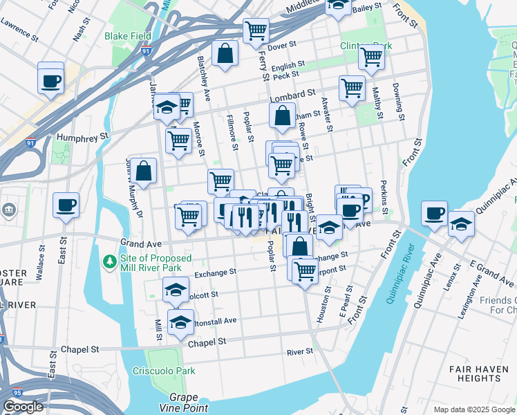 map of restaurants, bars, coffee shops, grocery stores, and more near 297 Poplar Street in New Haven