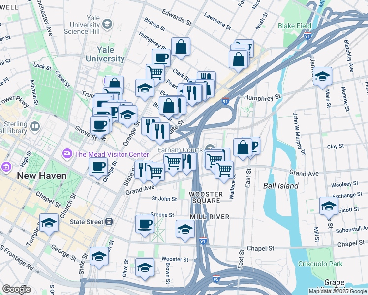 map of restaurants, bars, coffee shops, grocery stores, and more near 33 William Street in New Haven