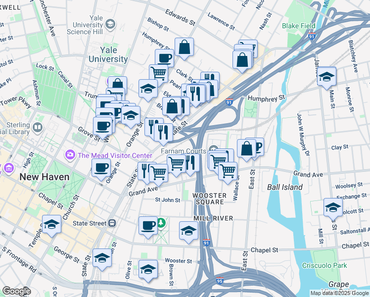 map of restaurants, bars, coffee shops, grocery stores, and more near 33 William Street in New Haven