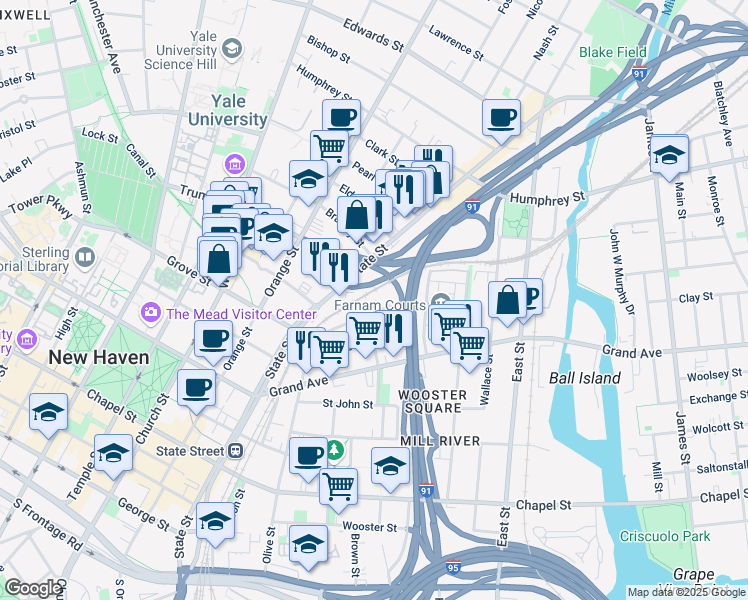 map of restaurants, bars, coffee shops, grocery stores, and more near 73 William Street in New Haven