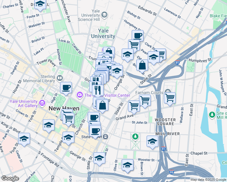 map of restaurants, bars, coffee shops, grocery stores, and more near 45 Grove Street in New Haven