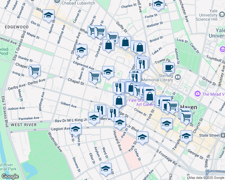 map of restaurants, bars, coffee shops, grocery stores, and more near 1281 Chapel Street in New Haven