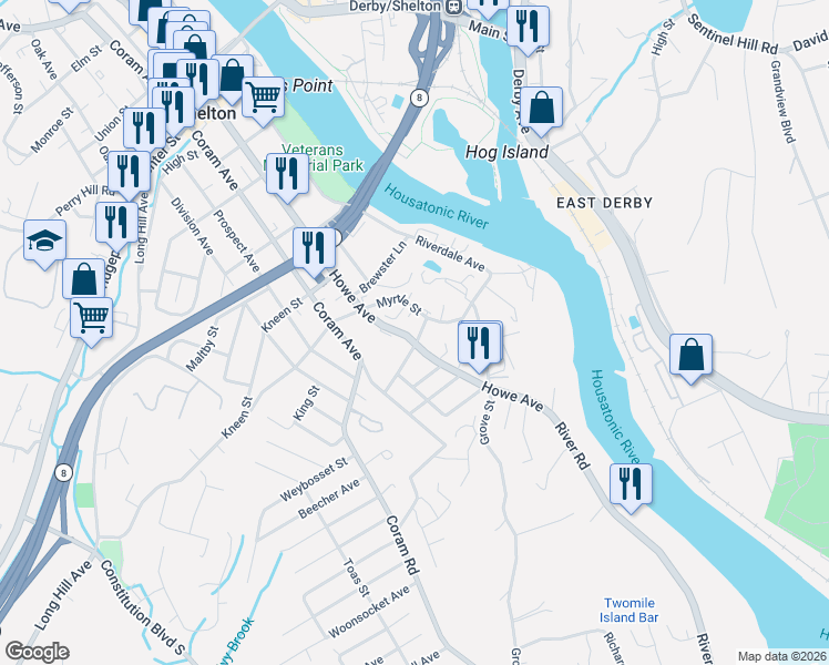 map of restaurants, bars, coffee shops, grocery stores, and more near 10 Park Street in Shelton