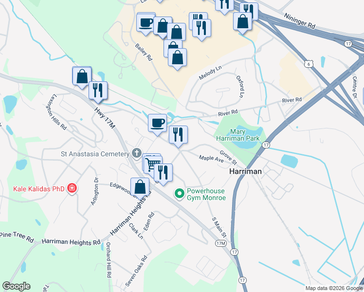 map of restaurants, bars, coffee shops, grocery stores, and more near 5 Grove Street in Harriman