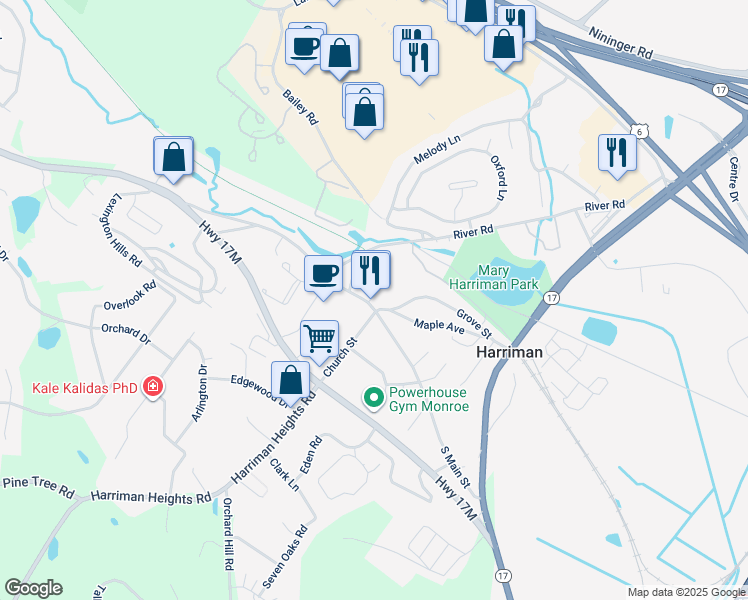 map of restaurants, bars, coffee shops, grocery stores, and more near 5 North Main Street in Harriman