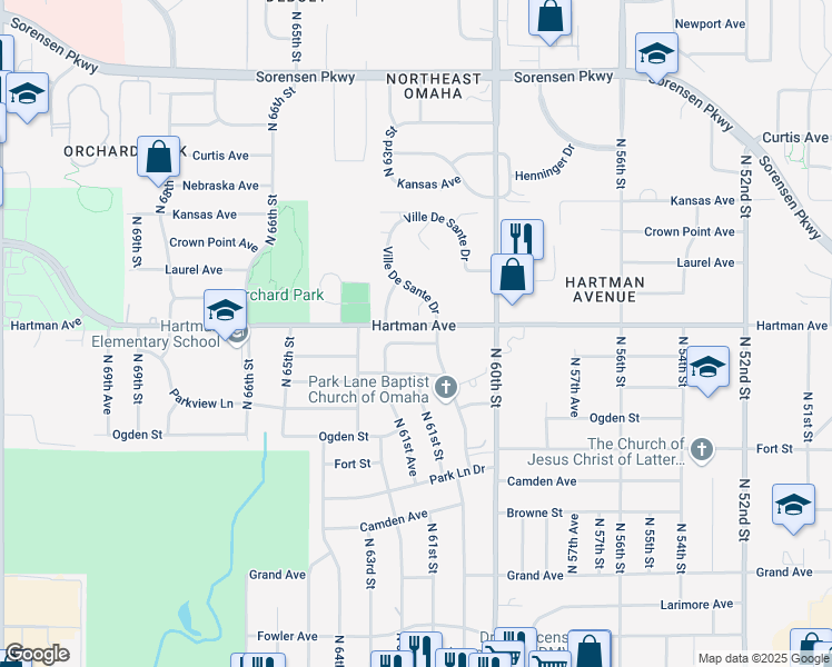 map of restaurants, bars, coffee shops, grocery stores, and more near 6068 Ellison Avenue in Omaha