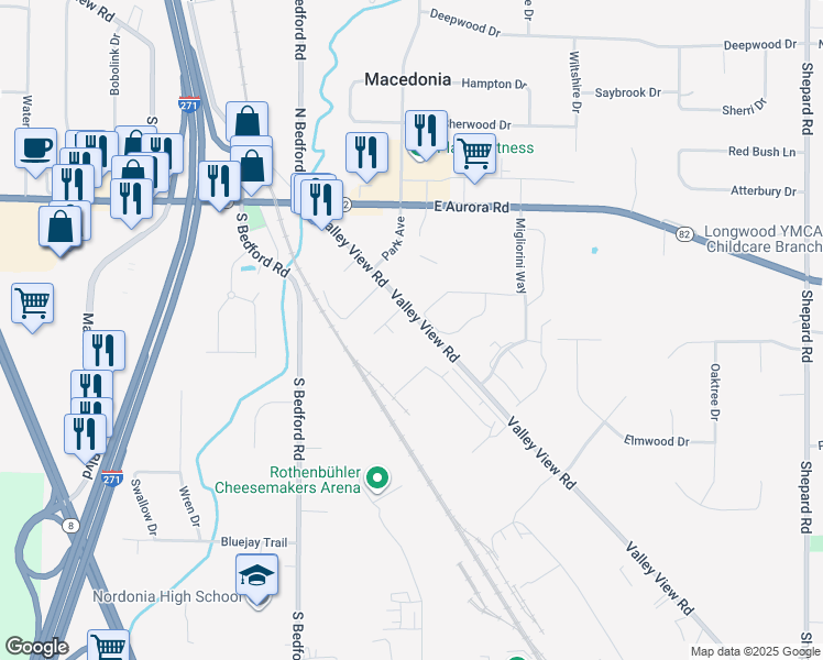 map of restaurants, bars, coffee shops, grocery stores, and more near 9636 Valley View Road in Macedonia