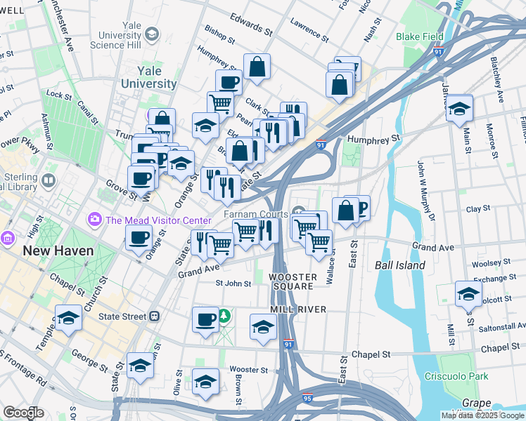 map of restaurants, bars, coffee shops, grocery stores, and more near 33 William Street in New Haven