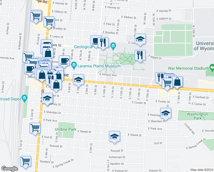 map of restaurants, bars, coffee shops, grocery stores, and more near 309 South 10th Street in Laramie