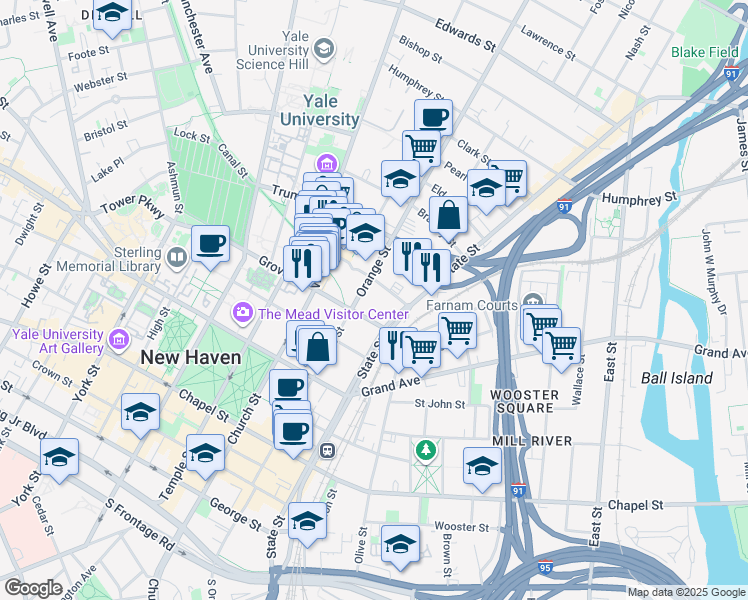 map of restaurants, bars, coffee shops, grocery stores, and more near 367 Orange Street in New Haven
