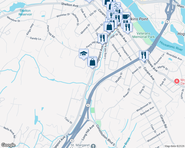 map of restaurants, bars, coffee shops, grocery stores, and more near 101 Bridgeport Avenue in Shelton