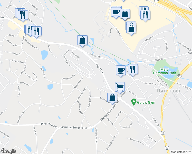 map of restaurants, bars, coffee shops, grocery stores, and more near 145 New York 17M in Harriman