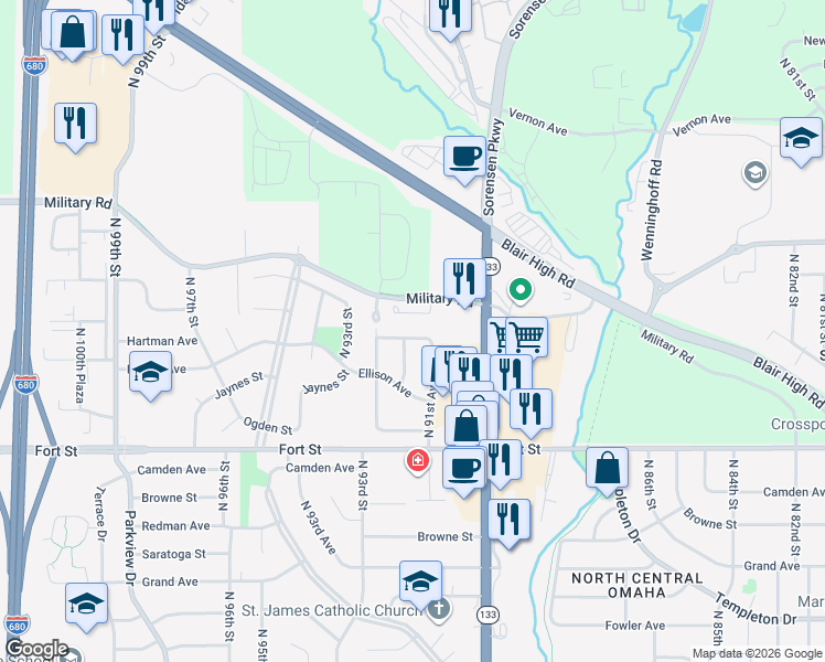map of restaurants, bars, coffee shops, grocery stores, and more near 9174 Himebaugh Avenue in Omaha
