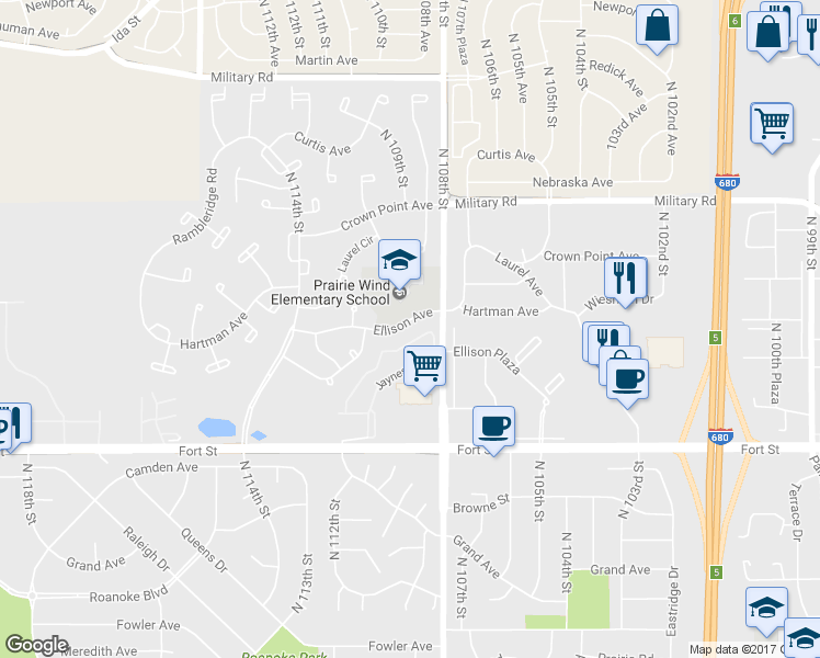 map of restaurants, bars, coffee shops, grocery stores, and more near 10907 Ellison Avenue in Omaha