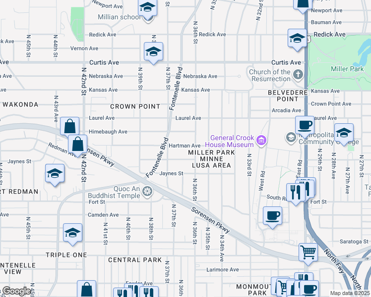 map of restaurants, bars, coffee shops, grocery stores, and more near 3617 Hartman Avenue in Omaha