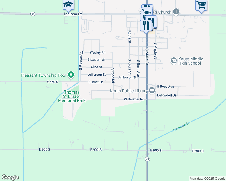 map of restaurants, bars, coffee shops, grocery stores, and more near 501 West Linda Lane in Kouts