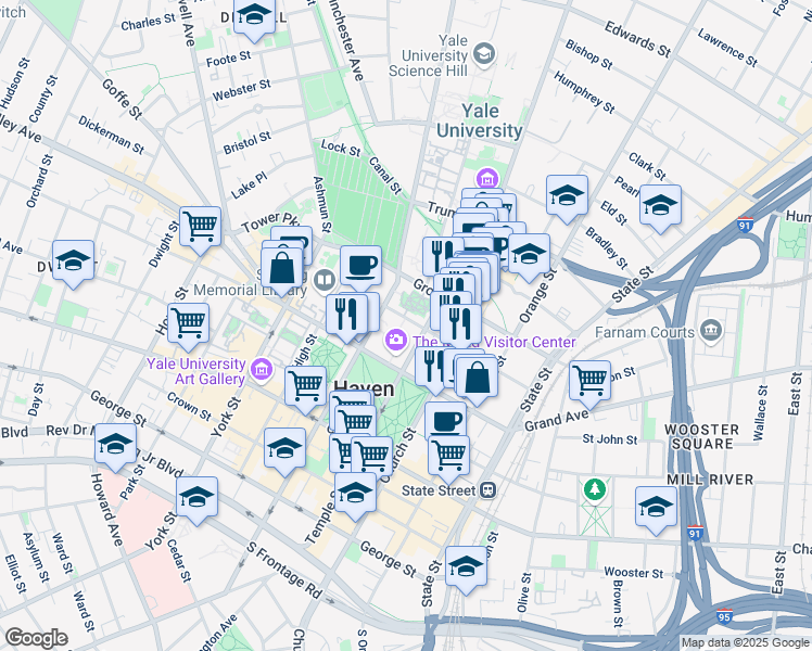 map of restaurants, bars, coffee shops, grocery stores, and more near 80 Wall Street in New Haven
