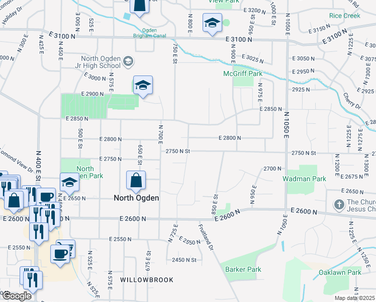 map of restaurants, bars, coffee shops, grocery stores, and more near 2112 North 800 East in North Ogden