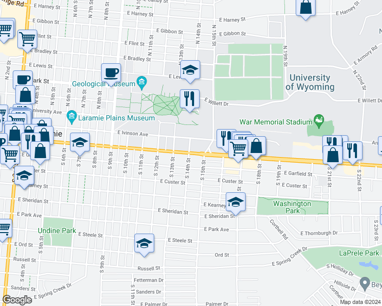map of restaurants, bars, coffee shops, grocery stores, and more near 1411 E Grand Ave in Laramie