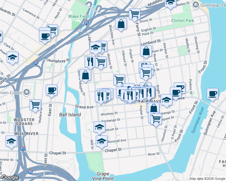 map of restaurants, bars, coffee shops, grocery stores, and more near 272 Lloyd Street in New Haven