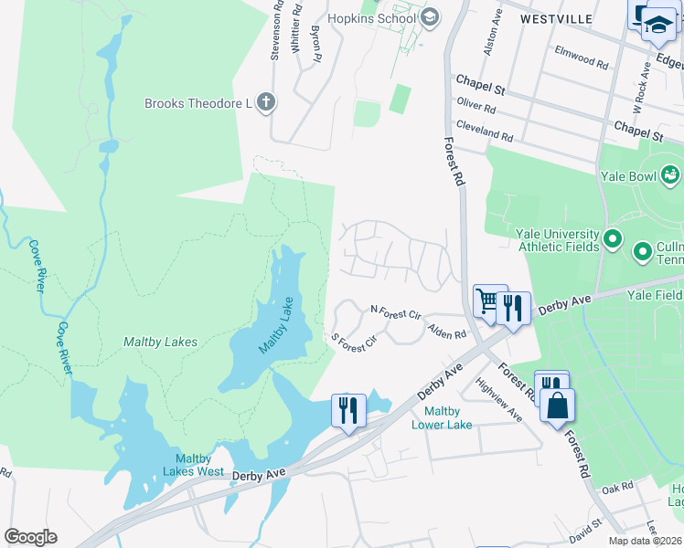 map of restaurants, bars, coffee shops, grocery stores, and more near 672 Heather Lane in West Haven