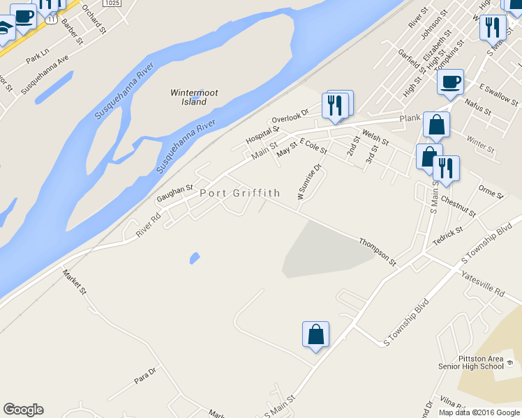 map of restaurants, bars, coffee shops, grocery stores, and more near 1/2 North Main Street in Pittston