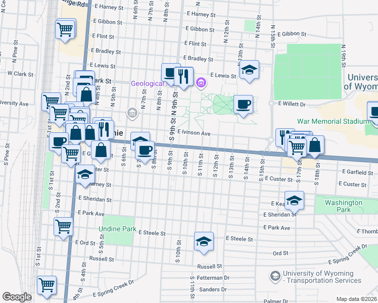 map of restaurants, bars, coffee shops, grocery stores, and more near 310 South 11th Street in Laramie