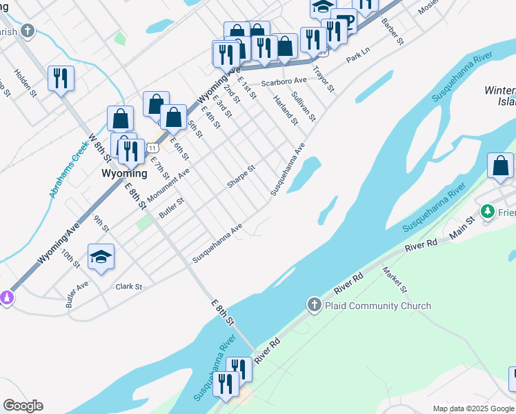 map of restaurants, bars, coffee shops, grocery stores, and more near 246 5th Street in Wyoming