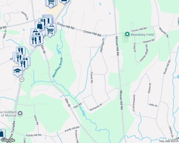 map of restaurants, bars, coffee shops, grocery stores, and more near 3 Glenbrook Drive in Monroe
