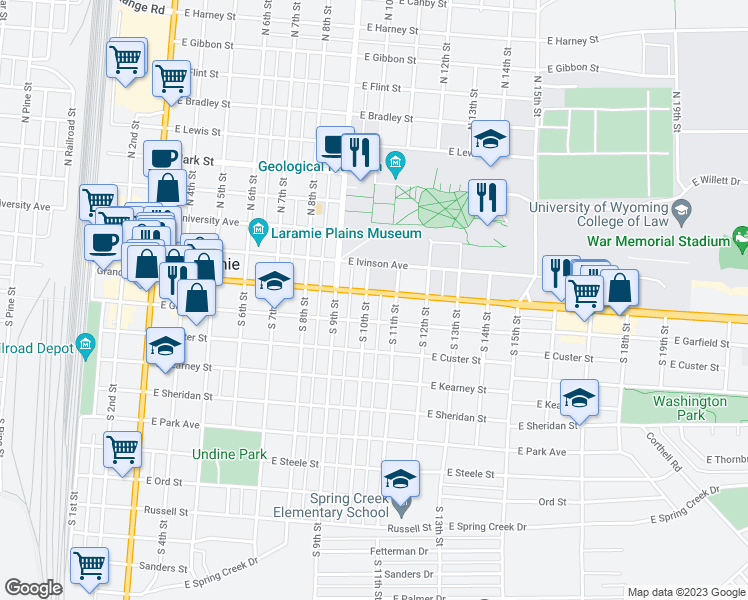 map of restaurants, bars, coffee shops, grocery stores, and more near 310 South 11th Street in Laramie