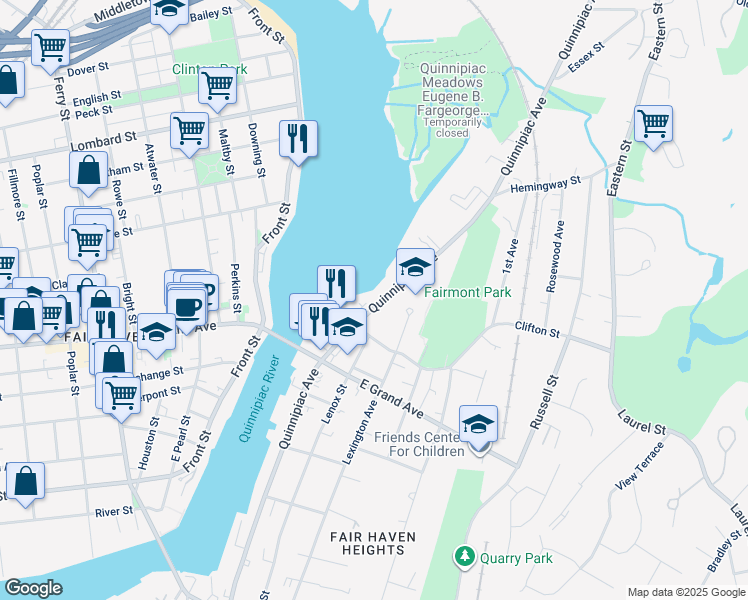 map of restaurants, bars, coffee shops, grocery stores, and more near 765 Quinnipiac Avenue in New Haven
