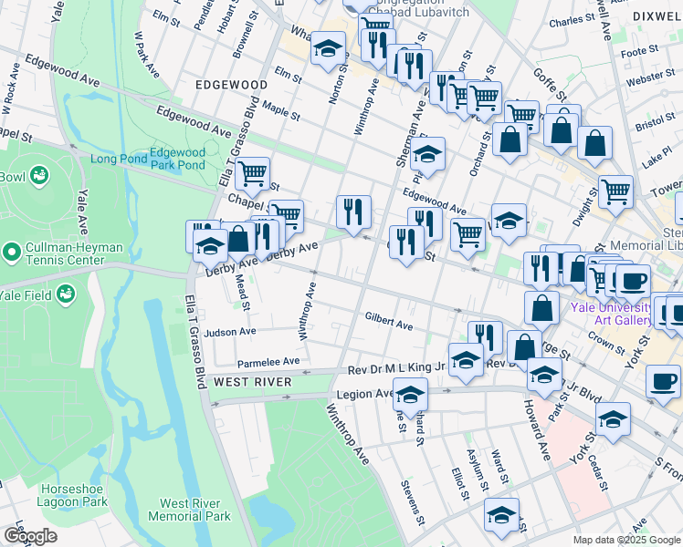 map of restaurants, bars, coffee shops, grocery stores, and more near 708 George Street in New Haven