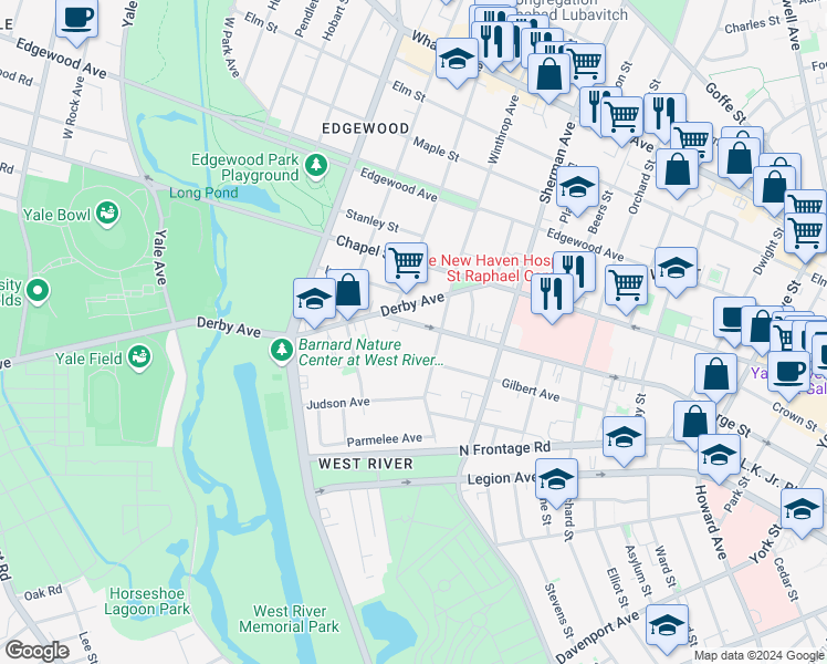 map of restaurants, bars, coffee shops, grocery stores, and more near 252 Winthrop Avenue in New Haven