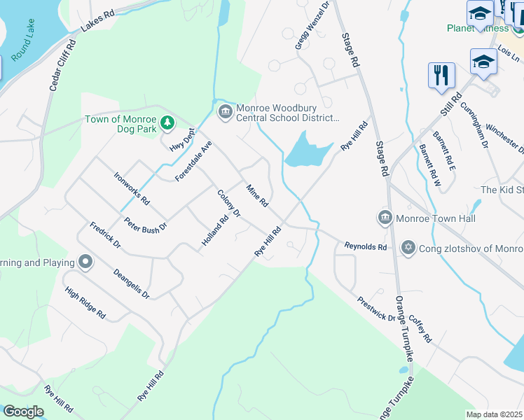 map of restaurants, bars, coffee shops, grocery stores, and more near 7 Colony Drive in Monroe