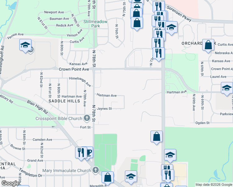 map of restaurants, bars, coffee shops, grocery stores, and more near 7515 Hartman Avenue in Omaha