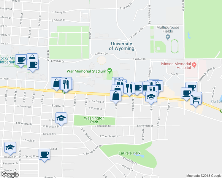 map of restaurants, bars, coffee shops, grocery stores, and more near 2017 Grand Avenue in Laramie