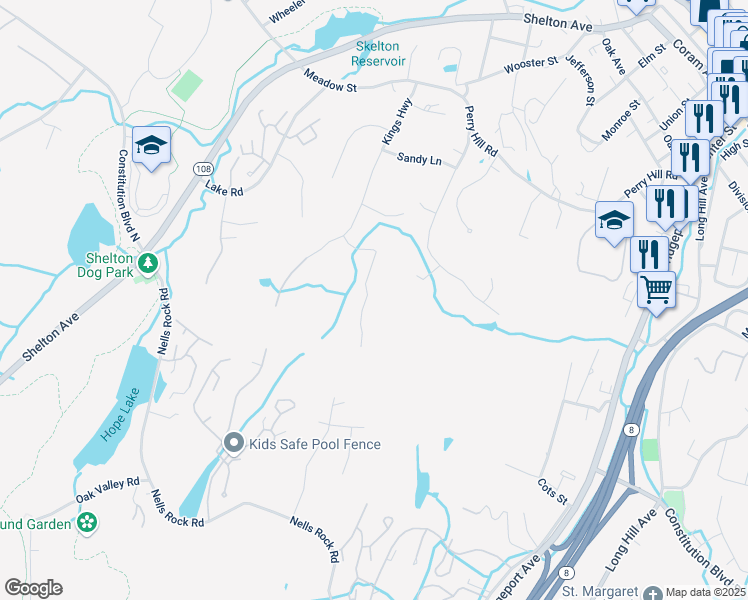 map of restaurants, bars, coffee shops, grocery stores, and more near 84 Kings Highway in Shelton