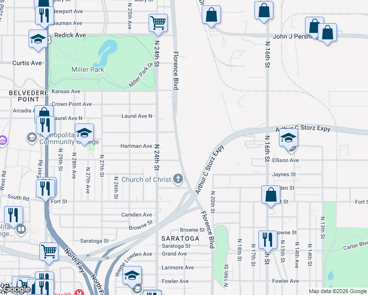 map of restaurants, bars, coffee shops, grocery stores, and more near 5615 Florence Boulevard in Omaha