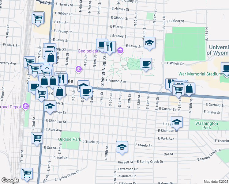 map of restaurants, bars, coffee shops, grocery stores, and more near 1010 Grand Avenue in Laramie