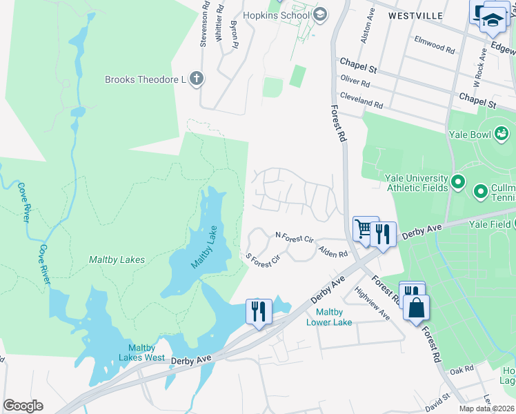 map of restaurants, bars, coffee shops, grocery stores, and more near 672 Heather Lane in West Haven