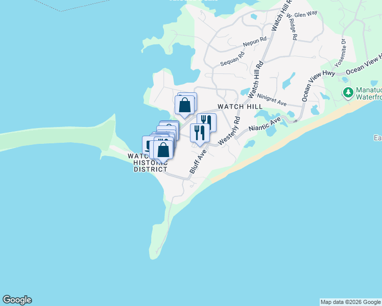 map of restaurants, bars, coffee shops, grocery stores, and more near 6 Chapel Lane in Westerly