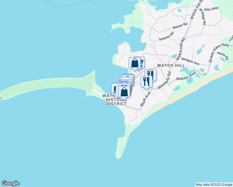 map of restaurants, bars, coffee shops, grocery stores, and more near 1 Fort Road in Westerly