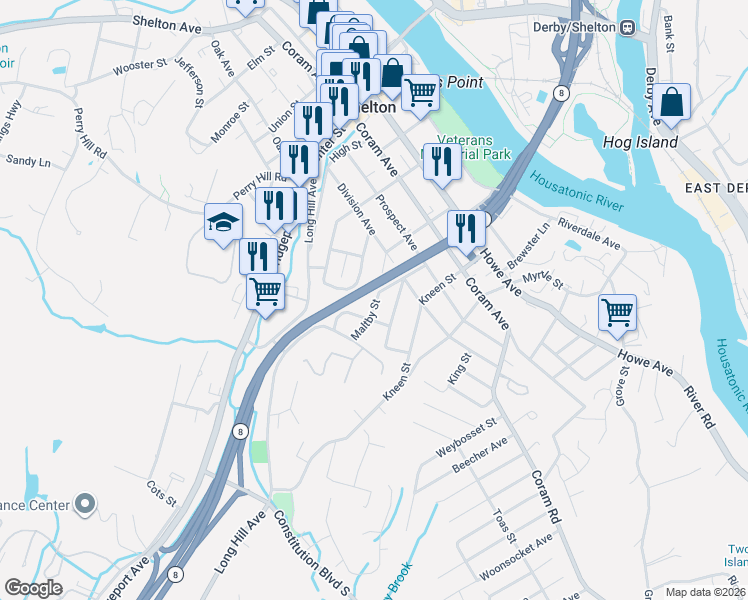 map of restaurants, bars, coffee shops, grocery stores, and more near 21 Gilbert Street in Shelton