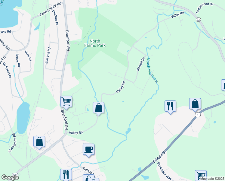 map of restaurants, bars, coffee shops, grocery stores, and more near 108 Valley Road in North Branford