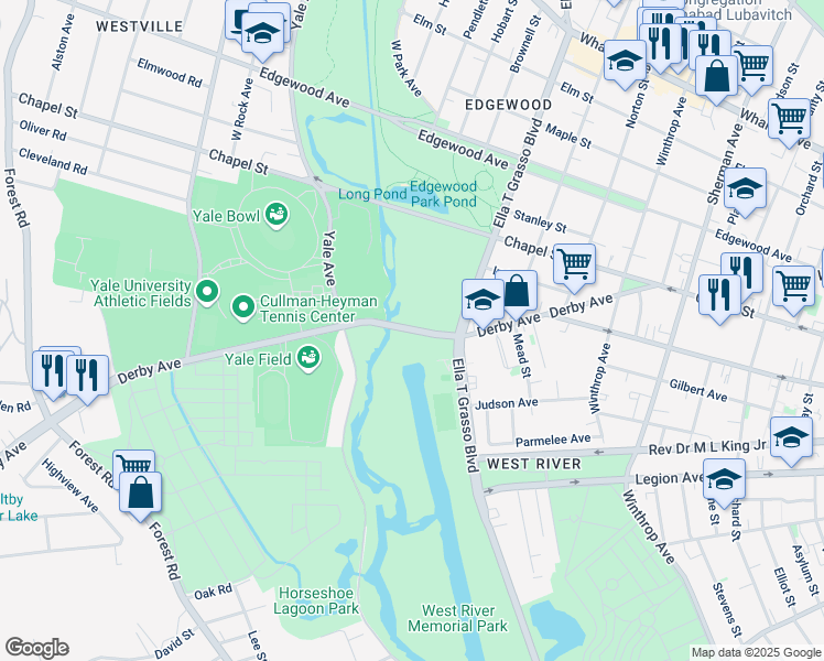 map of restaurants, bars, coffee shops, grocery stores, and more near 200 Derby Avenue in New Haven