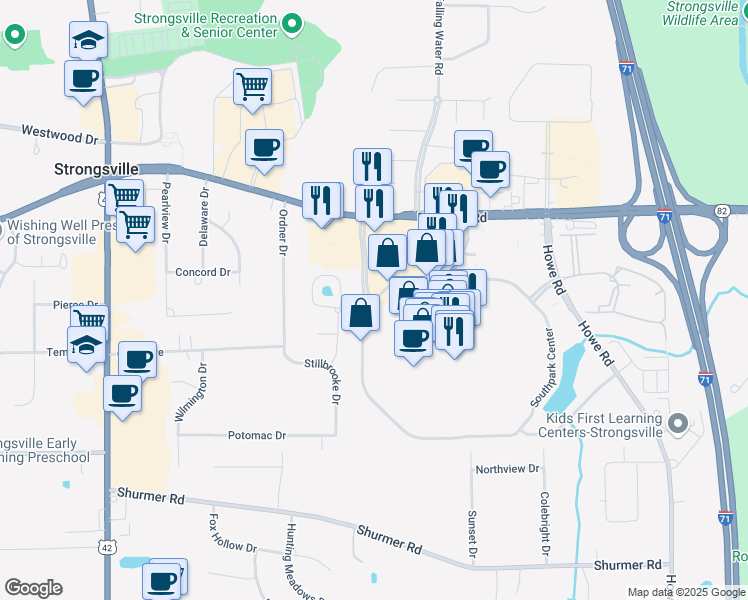 map of restaurants, bars, coffee shops, grocery stores, and more near 17887 Southpark Center in Strongsville