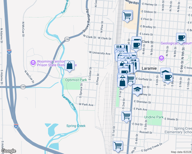 map of restaurants, bars, coffee shops, grocery stores, and more near 404 South Pine Street in Laramie