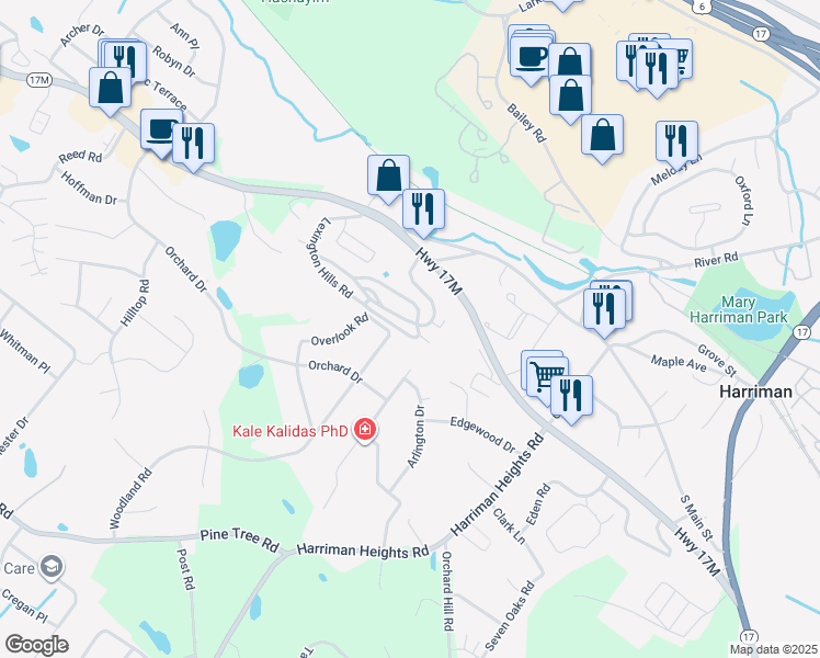 map of restaurants, bars, coffee shops, grocery stores, and more near 24 Lexington Hills Road in Harriman